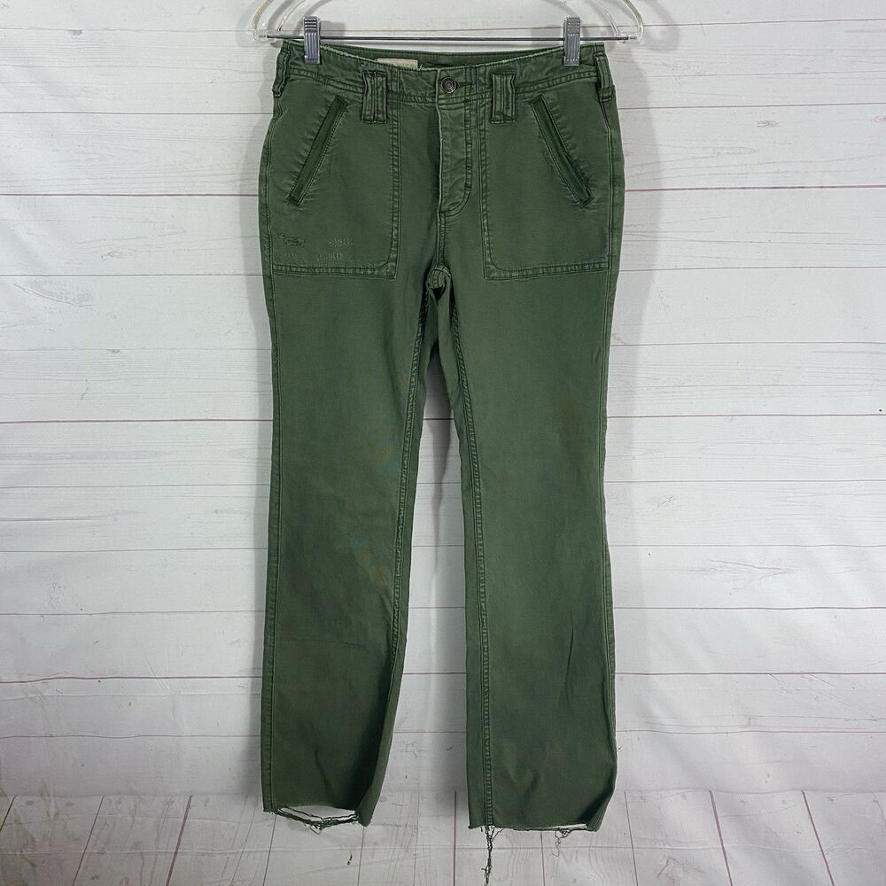 Anthropologie Pilcro The Yaya Mid Rise Pants Sz 25 Green Patch Pocket Raw Hem